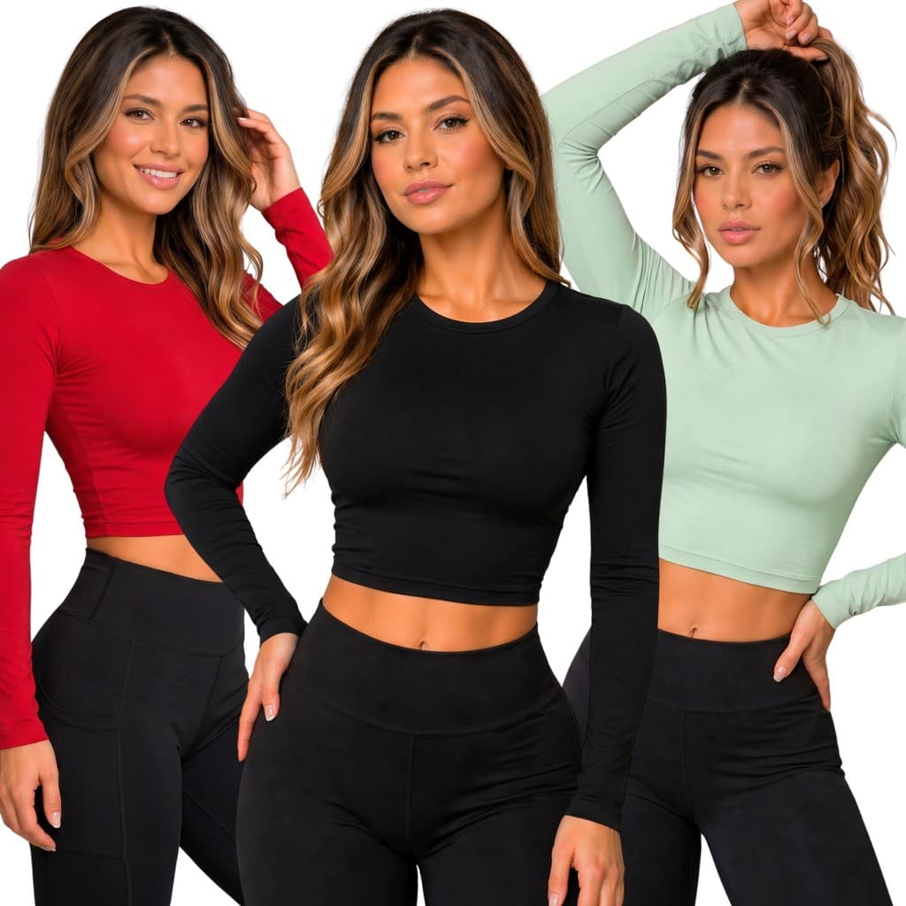 KIT 3: Blusa Feminina de Manga Longa - Meia Estação de Compressão Colada - Ajuste Perfeito Baby Tee