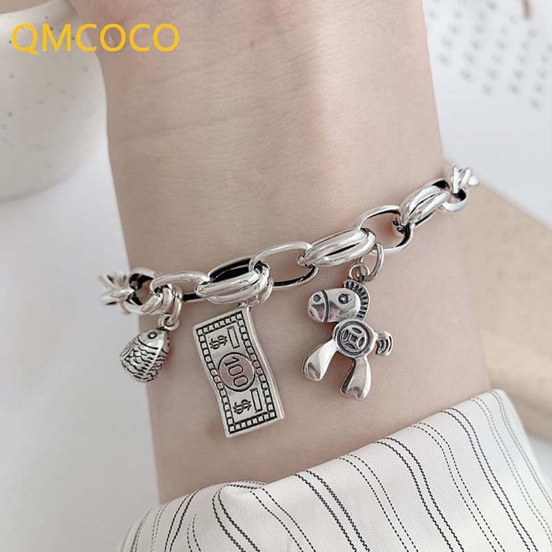 QMCOCO Vintage Prata Cor Cavalo Dólar Pingente De Peixe Pulseira De 2021 Nova Moda Simples Para Mulheres
