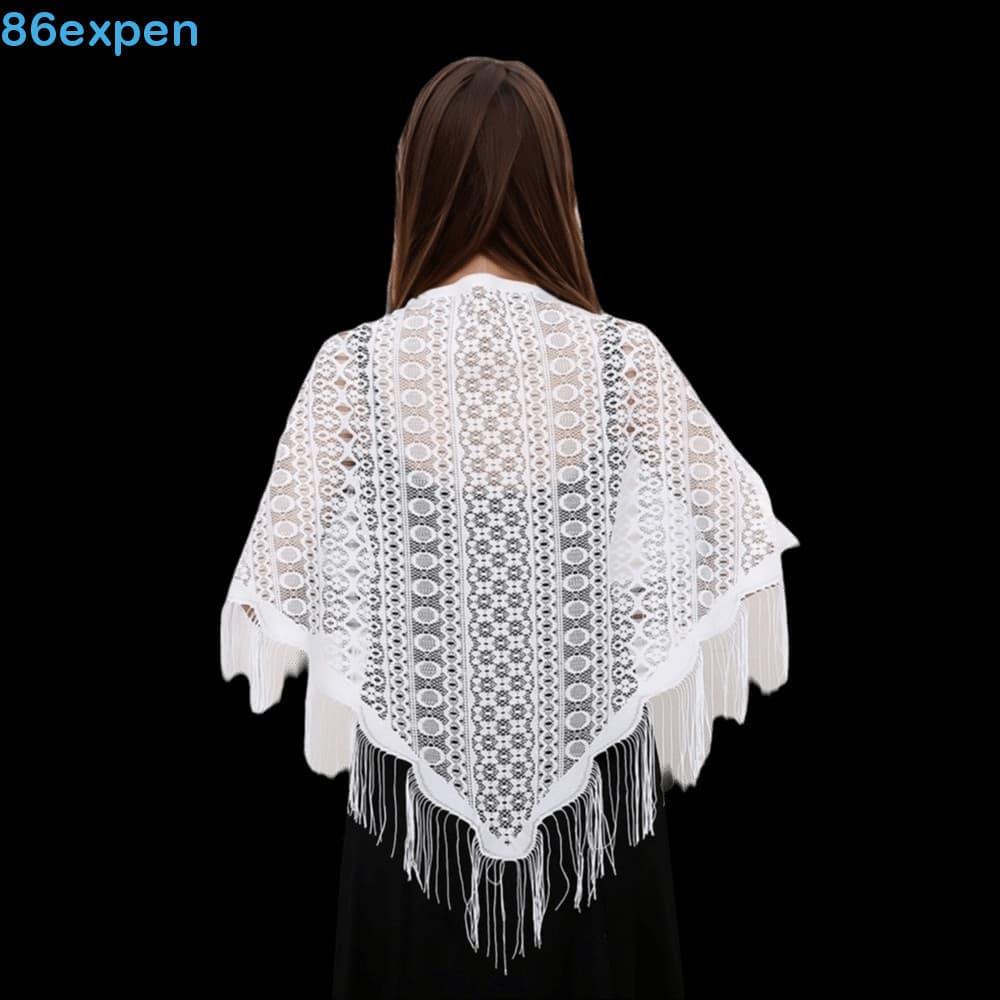 EXPEN1 Xale Triangular Com Borla , Lenço Oco De Renda Bordada De Poliéster , Lenços De Malha Branca Transparente