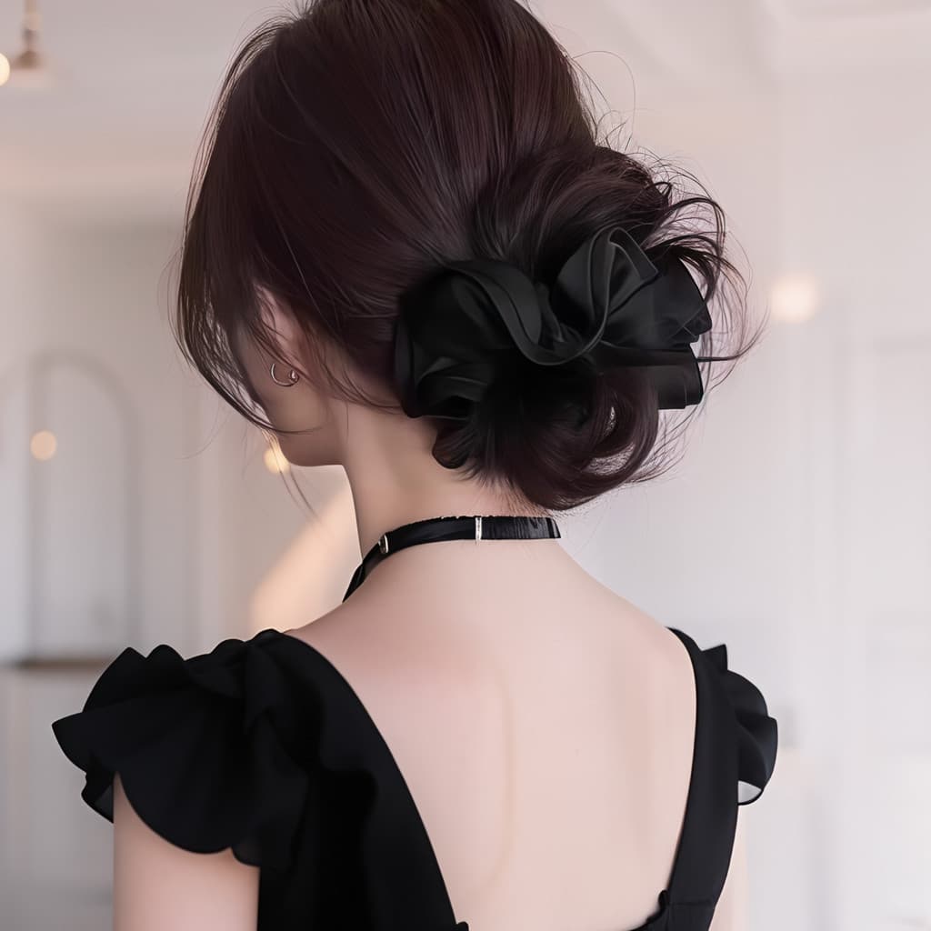 Preto grande scrunchy laço de cabelo feminino cetim laço de cabelo 2025 novo estilo baixa bola couro cabeludo banda gord