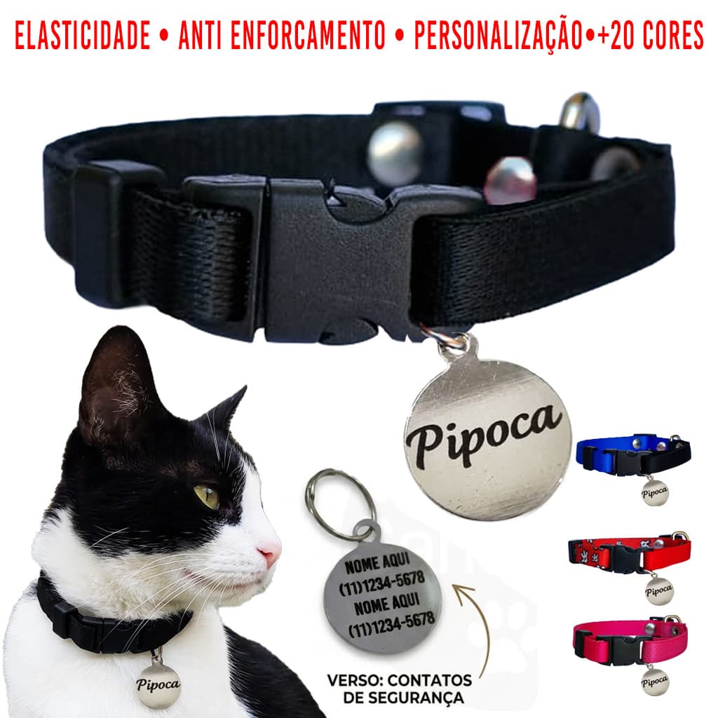 Coleira Para Gato Anti Enforcamento Elástico Premium Com Plaquinha de Identificação Nome e Telefone