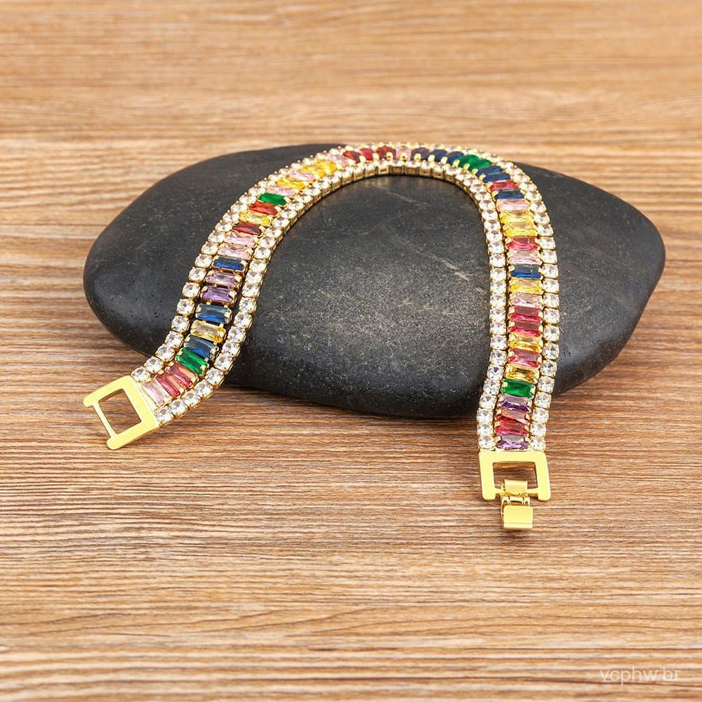 Moda Popular 7 Cores Zircônia Cúbica Pulseira Colorida Para Mulheres Jóias Arco-Íris Festa De Aniversário Fina