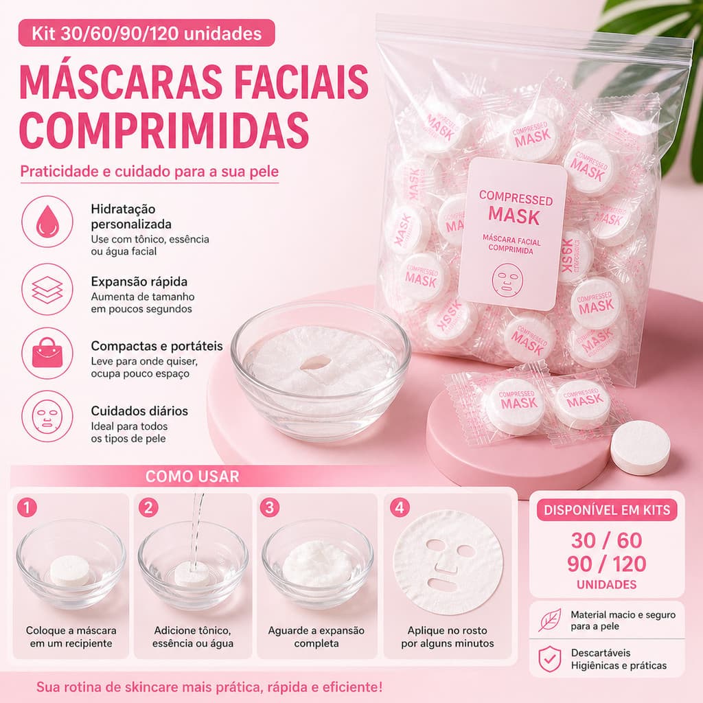 Kit 120 Máscaras Faciais Comprimidas – Hidratação Intensiva/Expansão Instantânea/Compactas/Uso com Tônico/Uso Diário