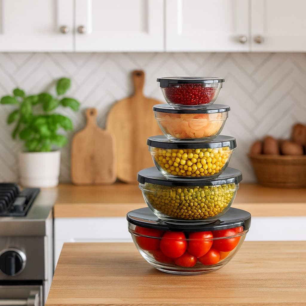 Conjunto 5 Potes Tigela Bowls Vasilhas De Vidro C/ Tampa Para Geladeria Freezer Forno Microondas e Armazenar Alimentos