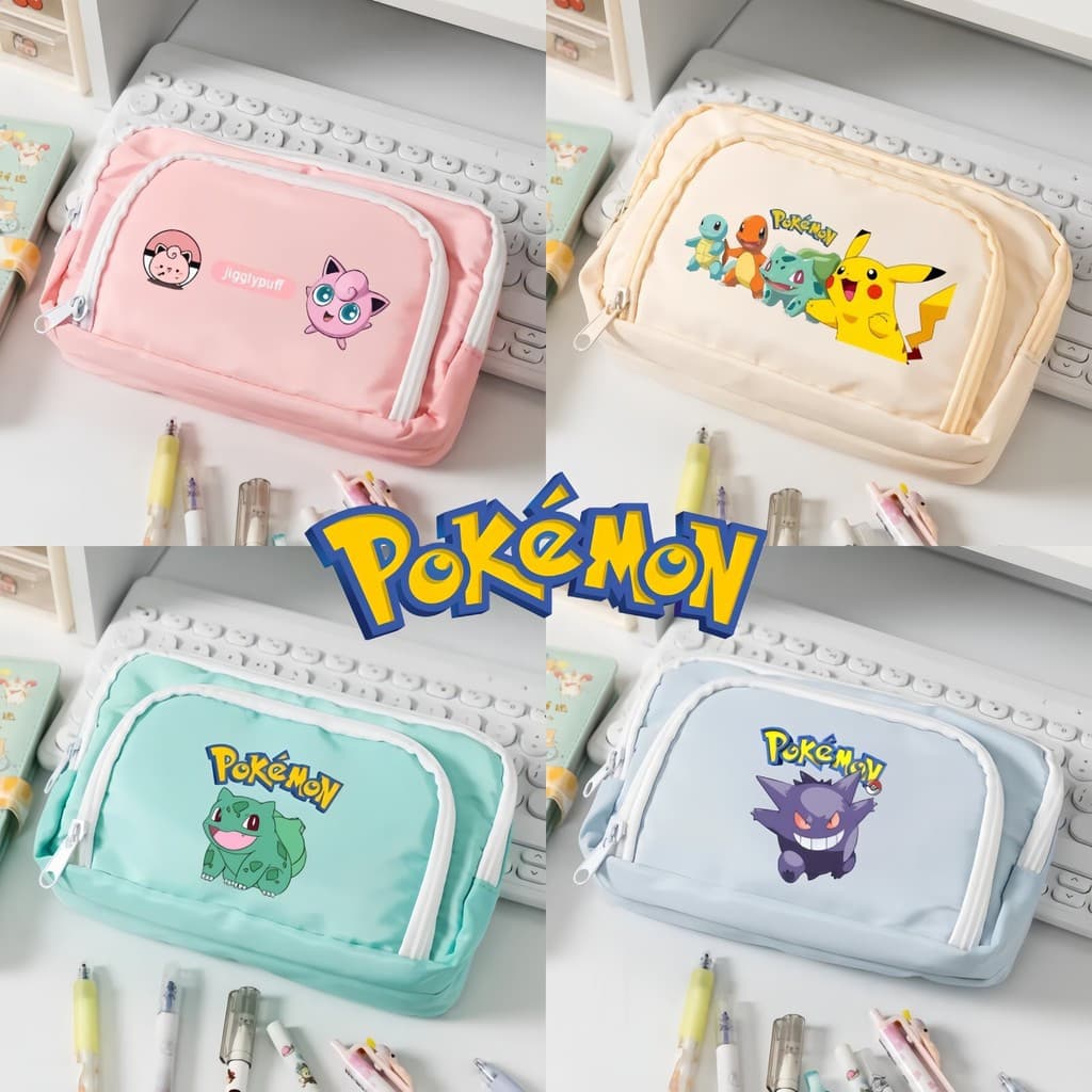 Estojo de lápis com zíper de grande capacidade, lona colorida de três camadas, cor macaron Pokémon, com bloco de anotaçõ