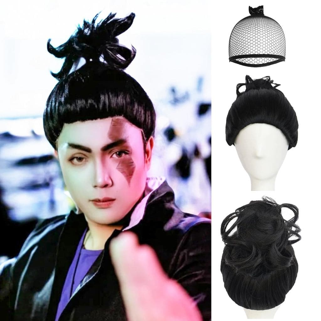 Peruca Preta JoneTing com Coque [com Touca de Cabelo] para Homens, Curta Ondulada, Peruca Preta Pré-Estilizada com Rabo