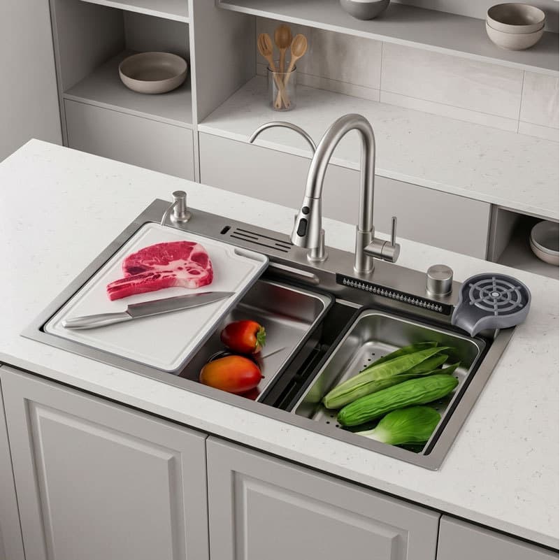 Kit Cozinha Gourmet 10 em 1 Cuba 75x45 Inox + Torneira Retrátil Quente e Frio + Porta-Facas