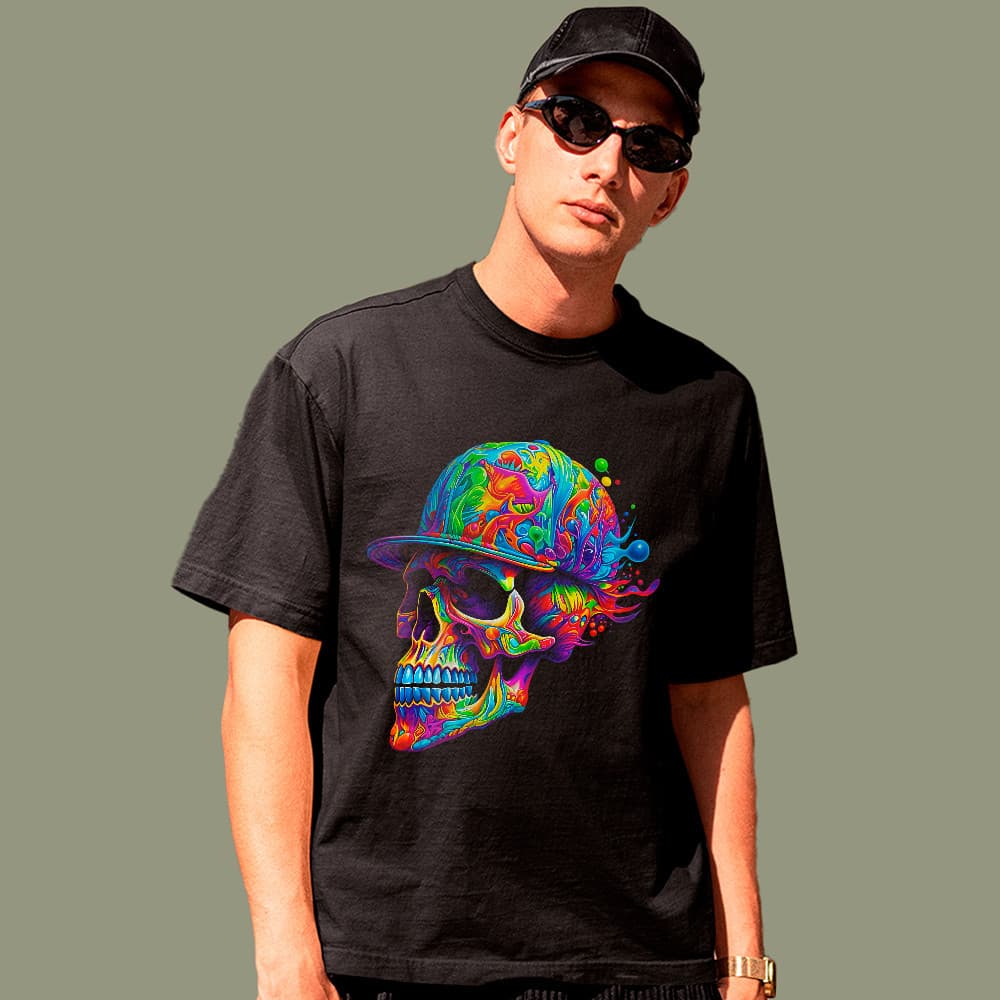 Camiseta Básica Caveira Colorida Streetwear Art Style 100% Algodão