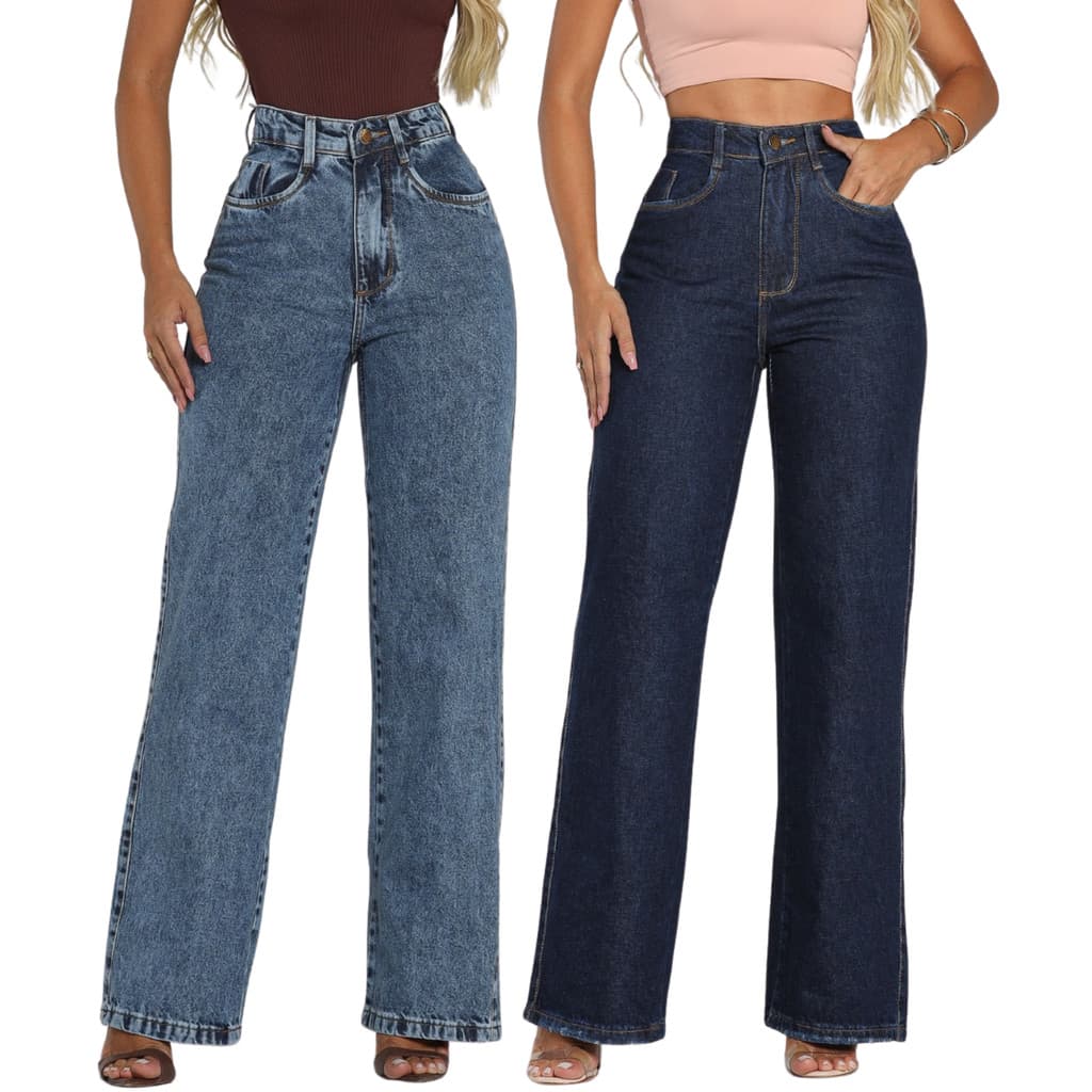 KIT 2 Calça Feminina Larga Wide Leg Jeans Premium Cintura Alta MOM