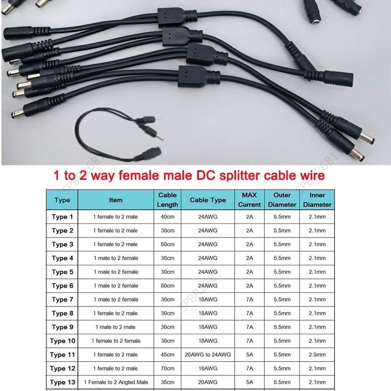13 Tipos 12v DC Macho Fêmea Fonte De Alimentação Divisor Adaptador Para 2 Vias Duplo Cabo Plug 5.5 * 2.1mm 2.5mm 22awg 1