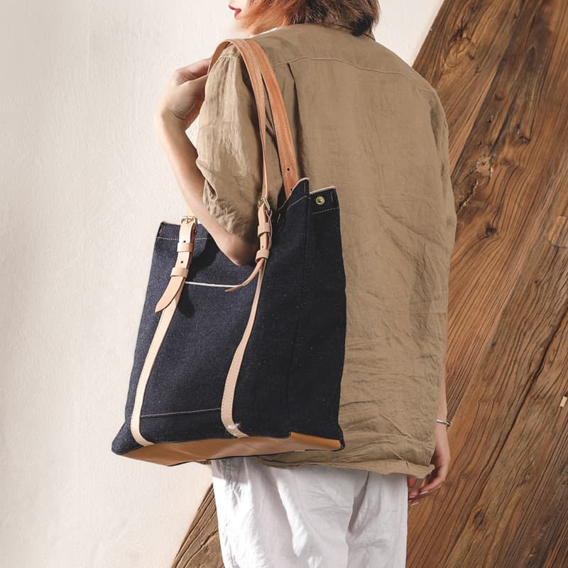 Feito à mão vegetal curtido couro vermelho orelha denim denim bolsa sete ming Casual grande capacidade simples saco de c