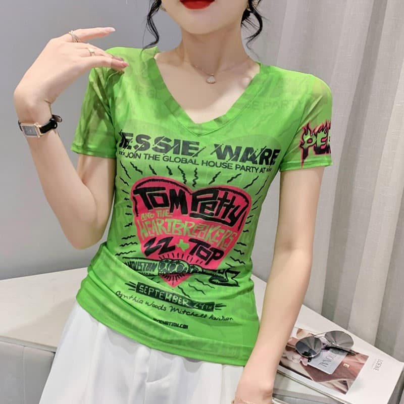 Moda impressa gaze de manga curta camiseta feminina verão 2024 novo estilo bens europeus fino-ajuste estilo ocidental in