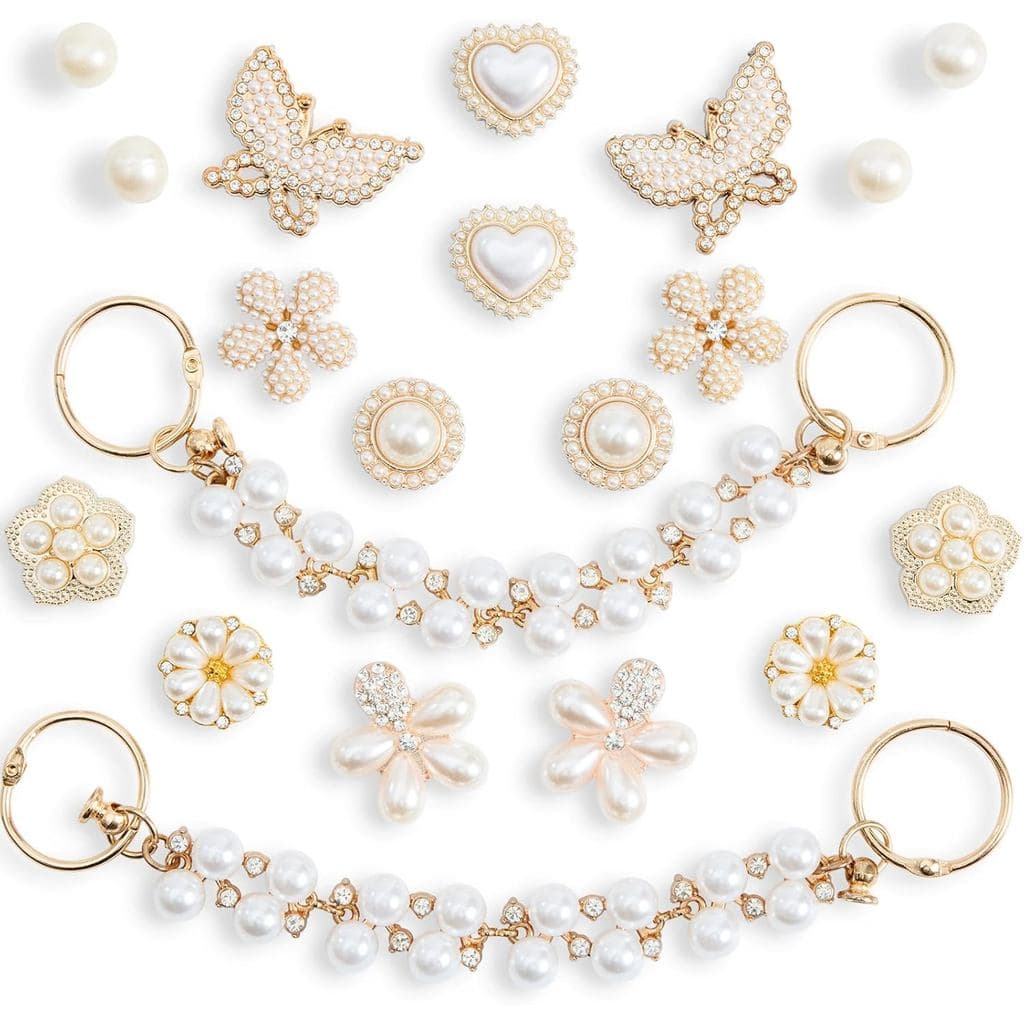 Conjunto de 20 Acessórios para Sapatos com Strass e Pérolas, Incluindo Designs de Borboleta, Flor e Corrente para Tamanc