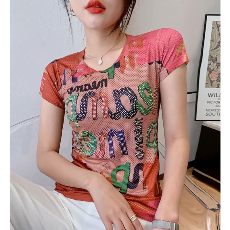 Leve respirável gelo seda de manga curta topo feminino roupas de verão bens europeus indústria pesada perfuração quente