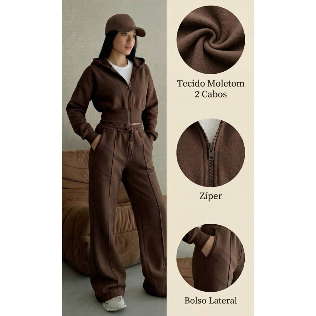 Conjunto Moletom Feminino com zíper +capuz calça cargo longo moda inverno