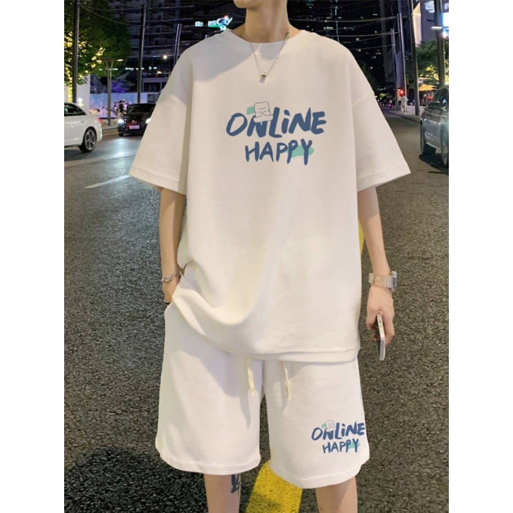 Branco impresso de manga curta camiseta masculina verão juventude esportes Casual terno solto tamanho grande Shorts reto