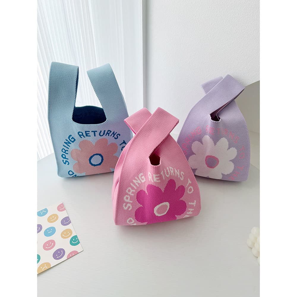Primavera história bonito flor saco de malha versão coreana ins estilo Outing bolsa portátil feminina bolsa de grande ca