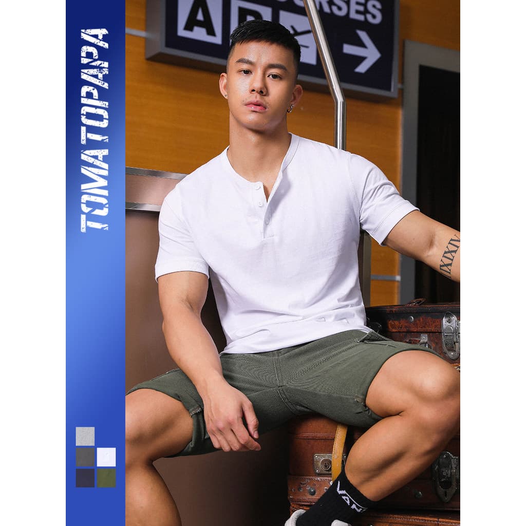 TOMATEPAPA Camiseta masculina de manga curta com gola Henry de cor sólida verão solta respirável Casual camiseta esporti