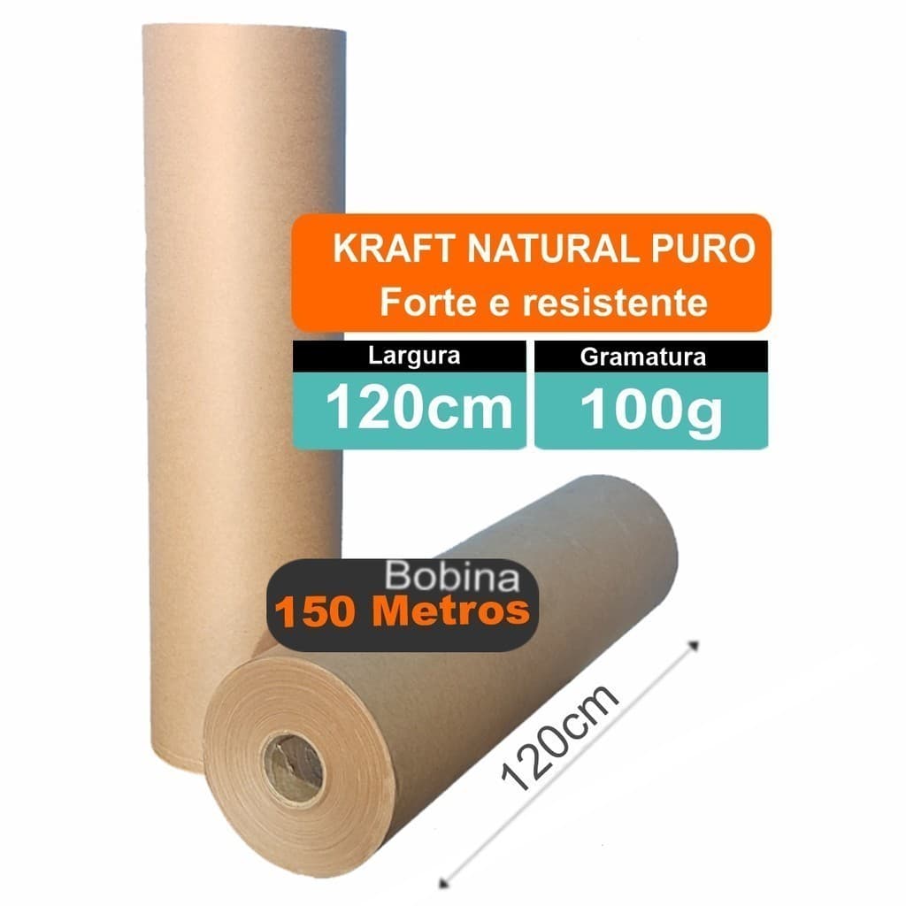 Papel Kraft Natural Puro Bobina 100g x 120cm x 150mts Rolo Embalagem Sacolas moldes