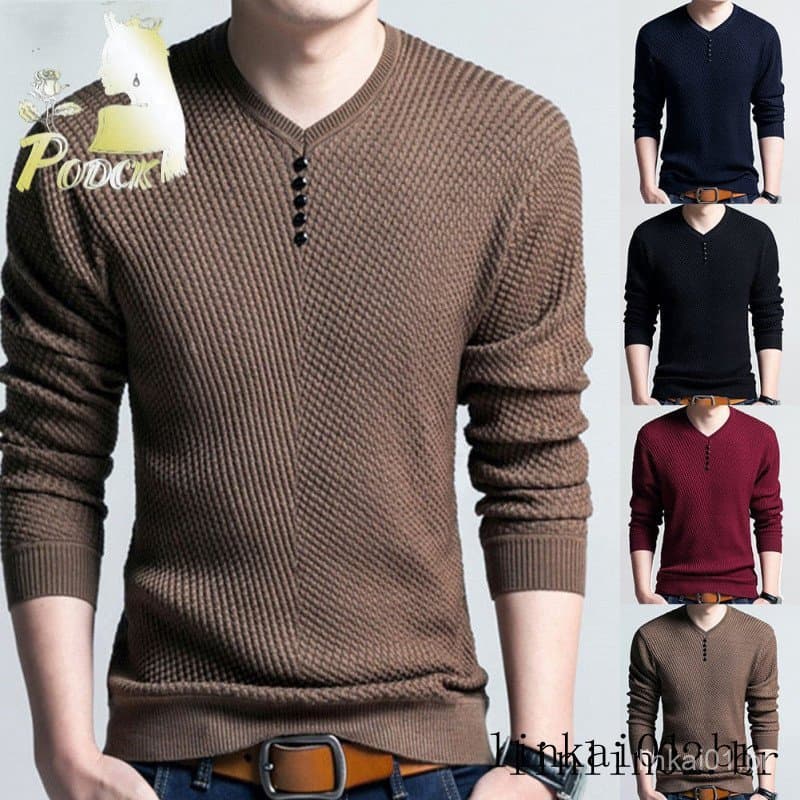 Yar _ Suéteres/Blusas/Pulôveres De Manga Comprida Com Decote Em V Slim Fit Para Homens Cor Sólida
