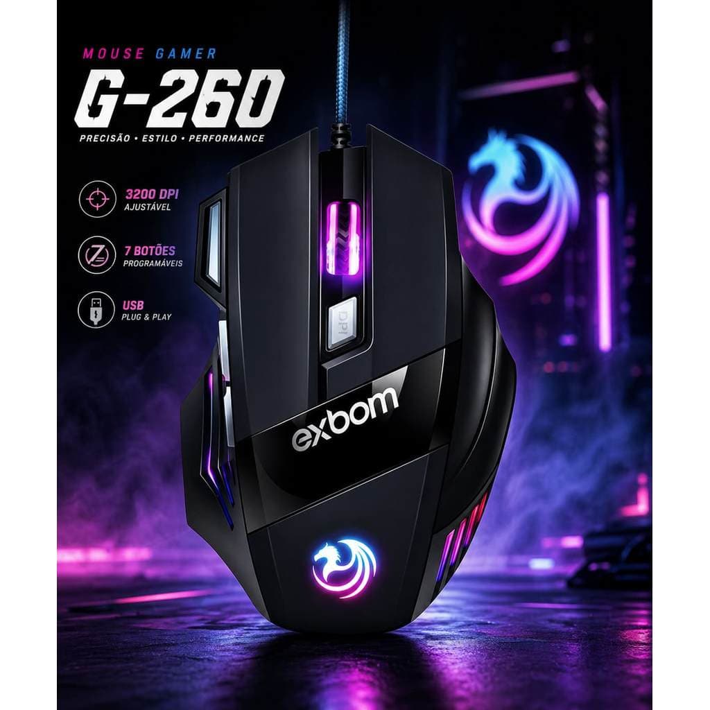 Mouse Para Jogo Gamer Ms G260 Preto Rgb Led 7 Botoes