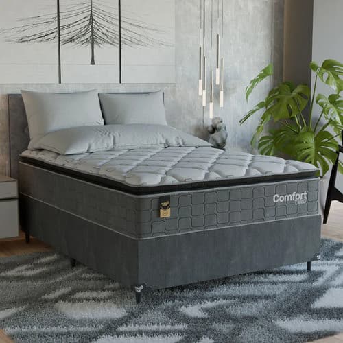 Cama Box Casal + Colchão Comfort Class Pillow Top 138x188  Cinza/suede Cinza