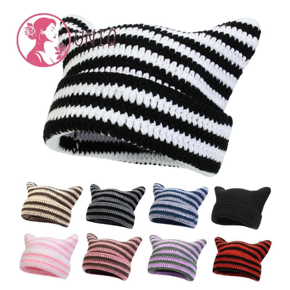 Gorro Japonês UNIQ , Orelhas De Gato Fofas , Manter Aquecido , Chapéu Listrado Do Pequeno Diabo , Boné De Lã Tricotado Y
