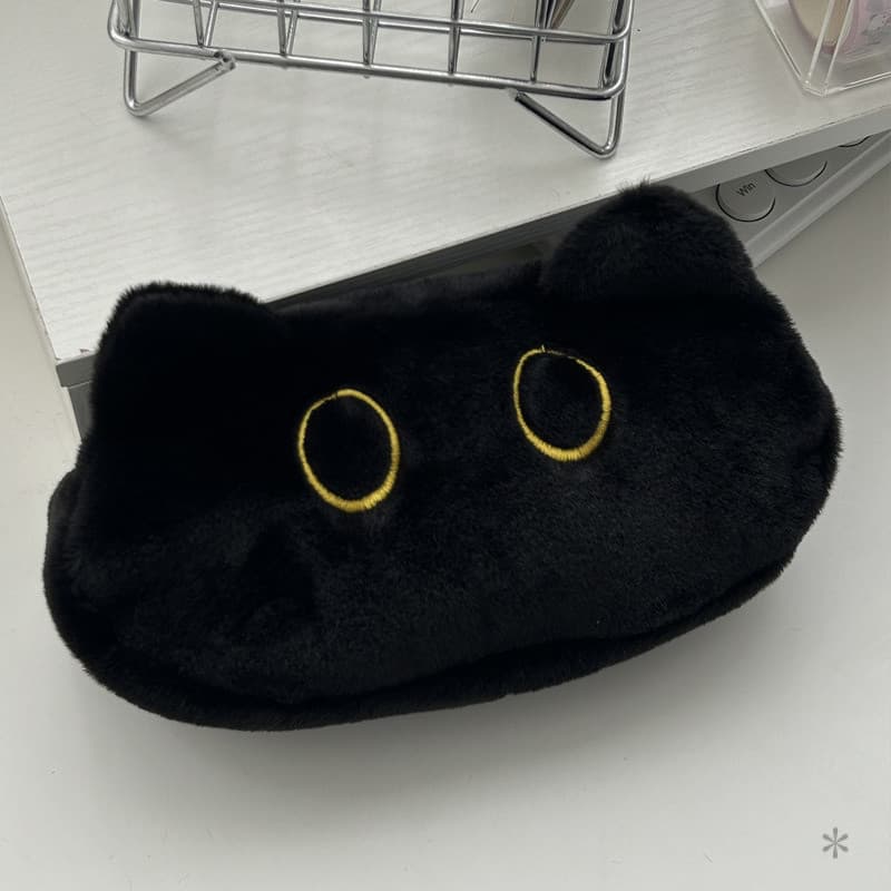 Estojo de lápis de pelúcia com desenho de gato, estojo de lápis preto fofo, estojo de lápis de gato