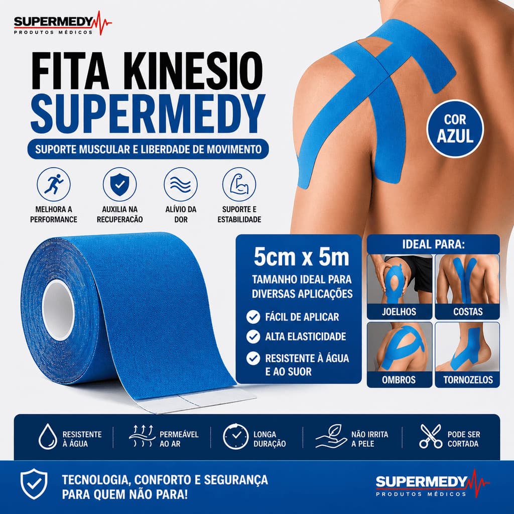 Fita Kinesio Supermedy 5cm x 5m Bandagem Terapêutica Muscular Fisioterapia Esportiva Azul Preto