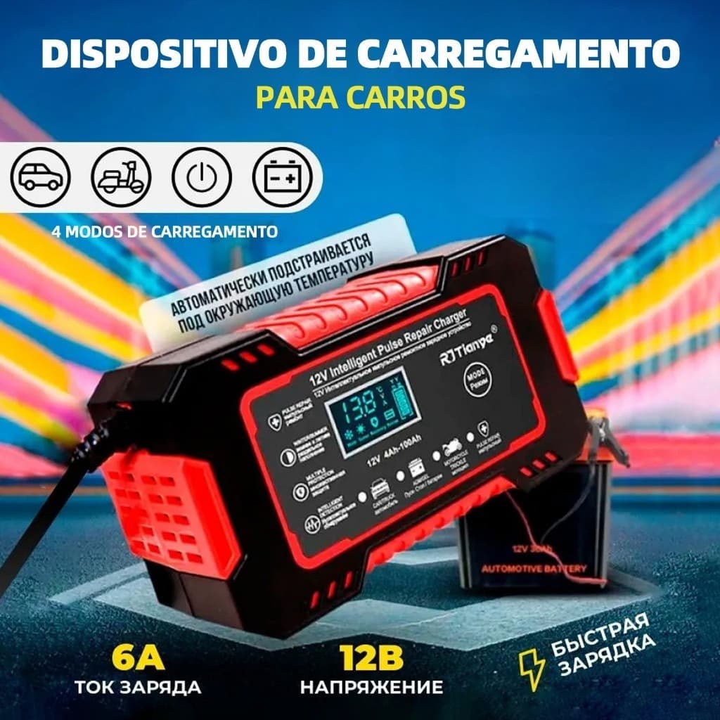 Carregador Bateria 12V 6A Bivolt LCD Automotivo Inteligente Carro Moto Recupera Bateria Fraca