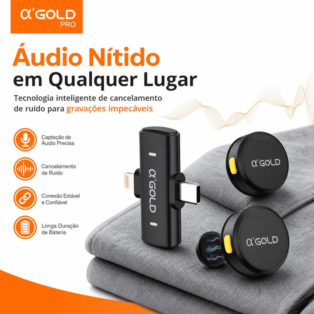 Microfone Lapela Sem Fio αGold MCF-38D 2em1 Tipo-C iPhone Android Cancelamento Ruído Live Gravação