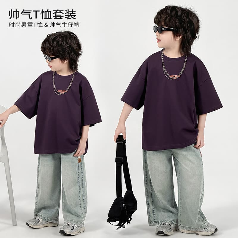 Trabalho médio menino bonito terno simples impresso camiseta Jeans fino Casual bonito terno de duas peças * ZH2806