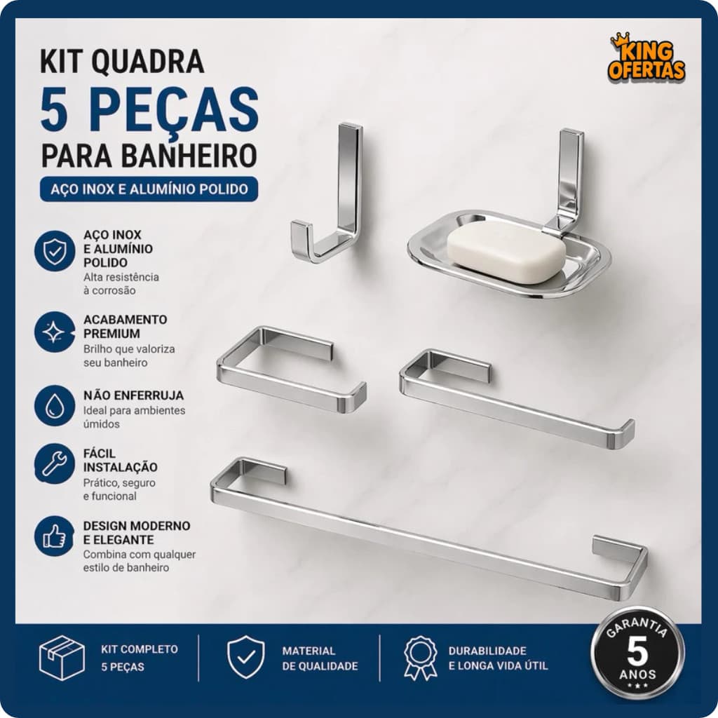 Kit Quadrado Cromado de Acessórios para Banheiro 4 Peças Luxo + Saboneteira