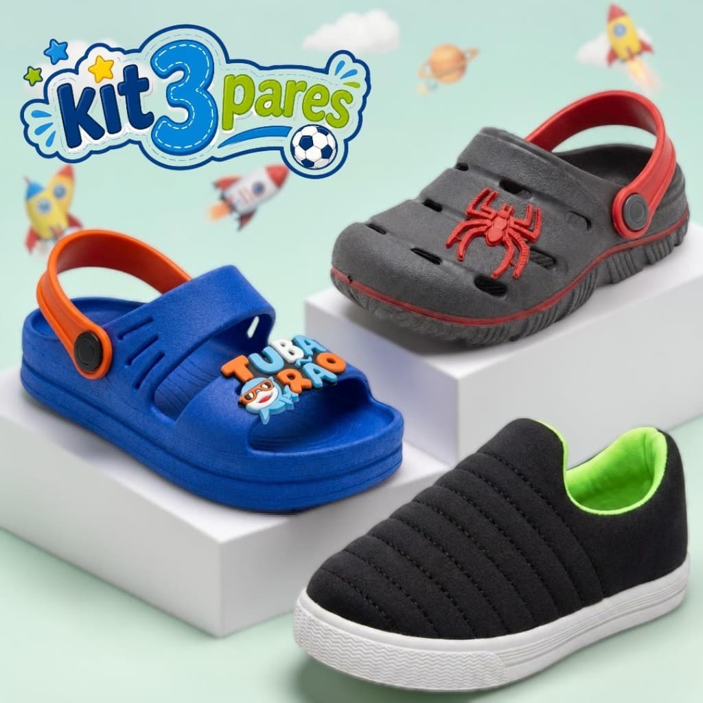 Kit 3 Pares Infantil Menino Prático e Confortável Babuche + Papete + Calce Fácil