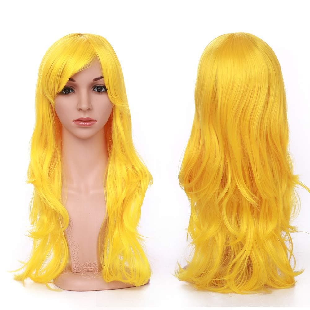 Peruca de Cosplay de Anime Amarela de 23 Polegadas de Comprimento, Cabelo Sintético Cacheado e Ondulado, Peruca Completa