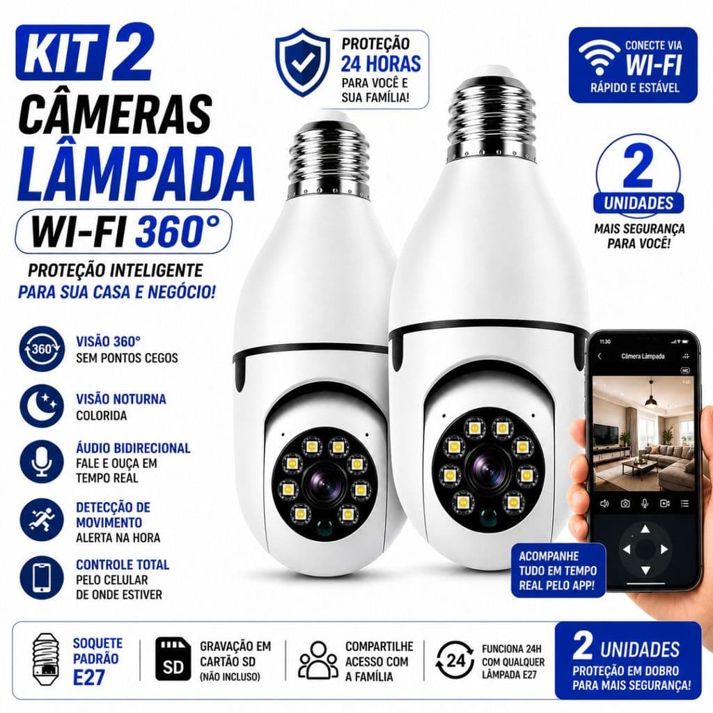 KIT Câmera De Segurança Vigilancia WIFI Lâmpada Sem Fio full HD IP 360°Com Microfone Visao Noturna