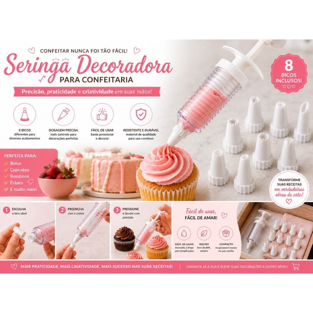 Seringa Decoradora Profissional 8 Bicos para Confeitaria Recheio e Decoração de Bolos