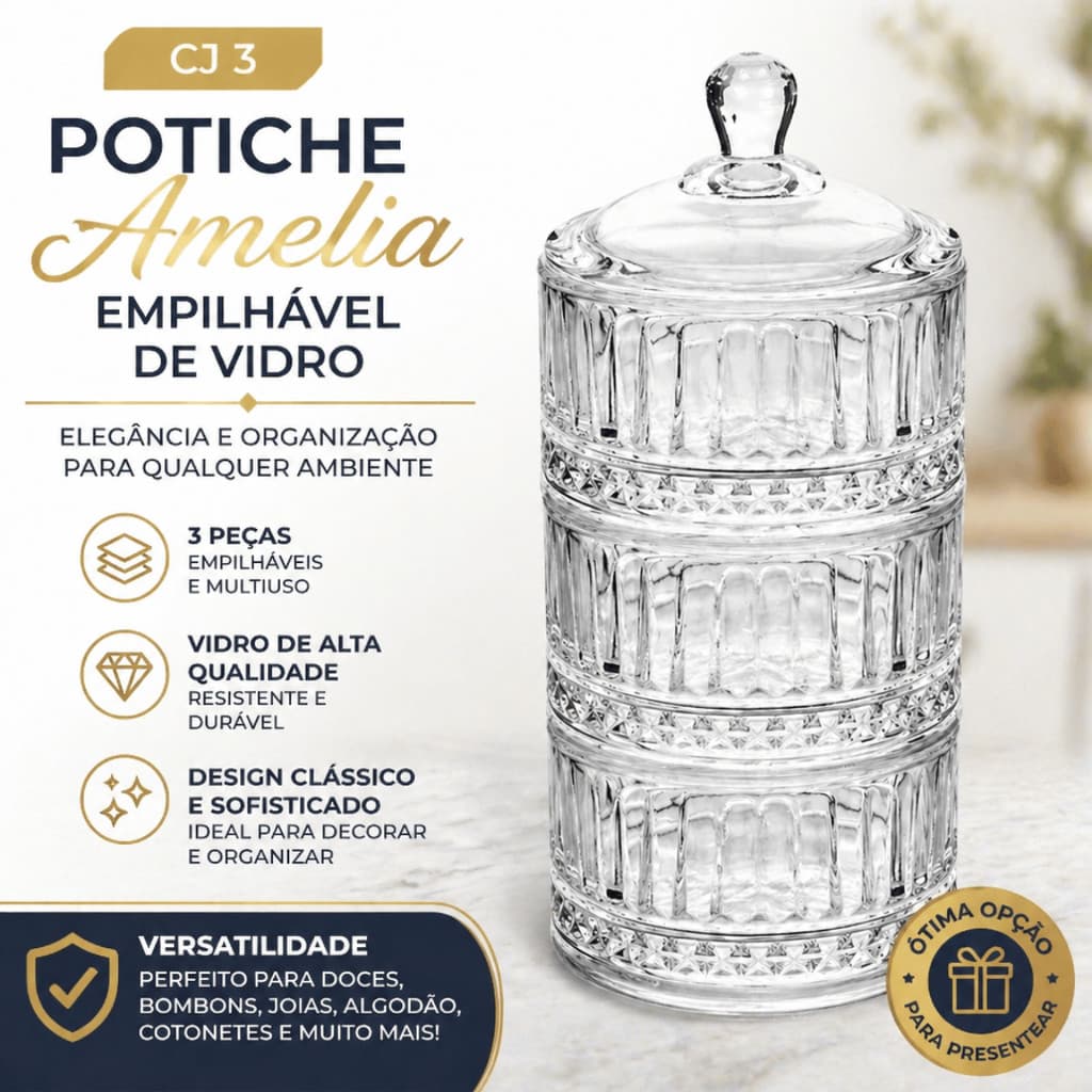 Jogo 3 Potiche Empilhavel Vidro Amelia Transparente - Shopping Presente / Bomboniere Doce Mesa Decoração Elegante