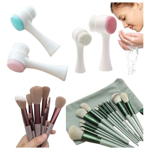 Kit Pincéis Maquiagem Profissional Com 13 Peças + Escova de Limpeza  Facial Silicone Dupla Face