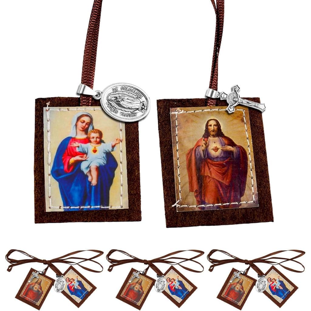 Conjunto de 3 Colares Escapulários Católicos - Escapulário Marrom de Nossa Senhora do Monte Carmelo, Sagrado Coração e C