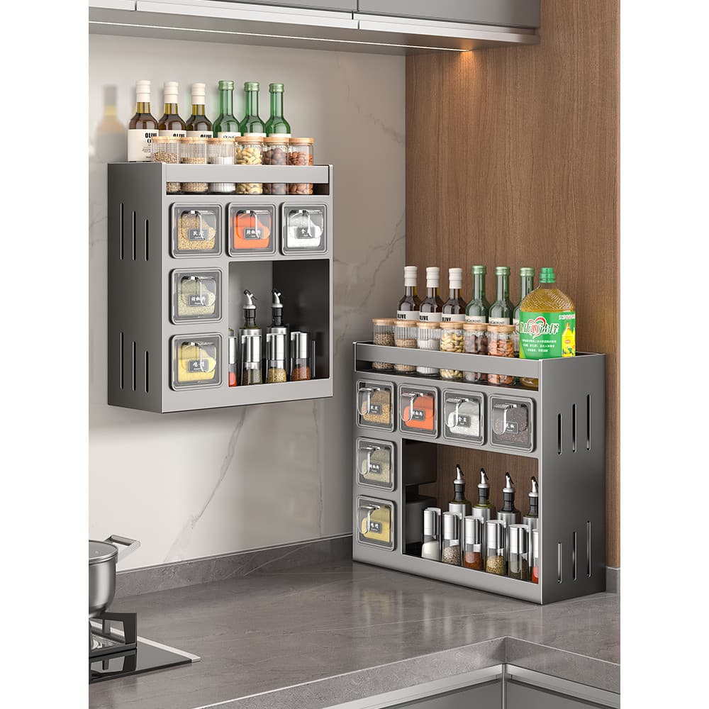 Novo estilo caixa de tempero de cozinha Rack sem perfuração fixado na parede condimento saleiro multifuncional armazenam