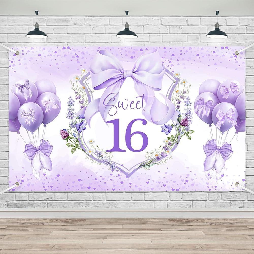 Banner Lofaris Coquette Sweet 16 70.8x43.3in, Fundo de Aniversário Floral Roxo com Ilhós e Corda, Decorações para Festa