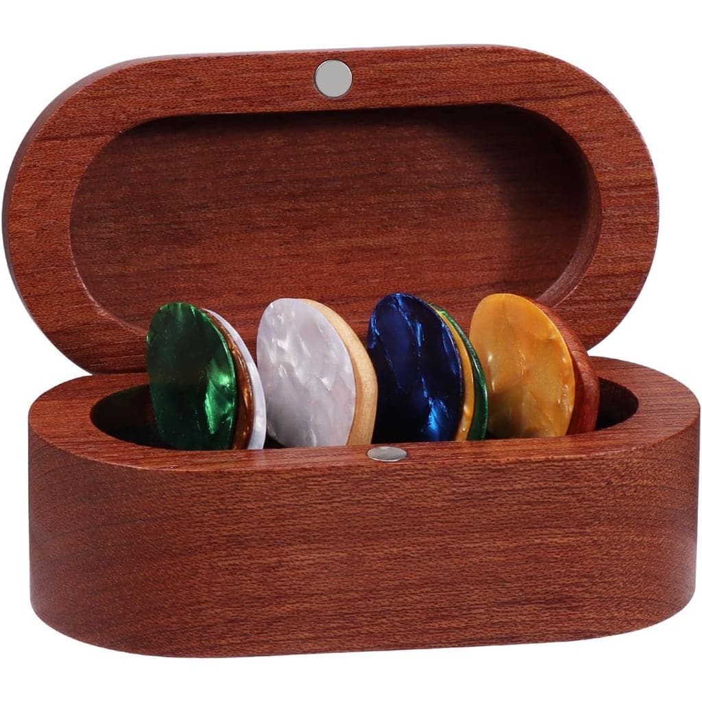 Conjunto de Porta-Plectros de Madeira de Nogueira com 2 Plectros de Madeira Coloridos e 8 Plectros de Celuloide (4 Espes