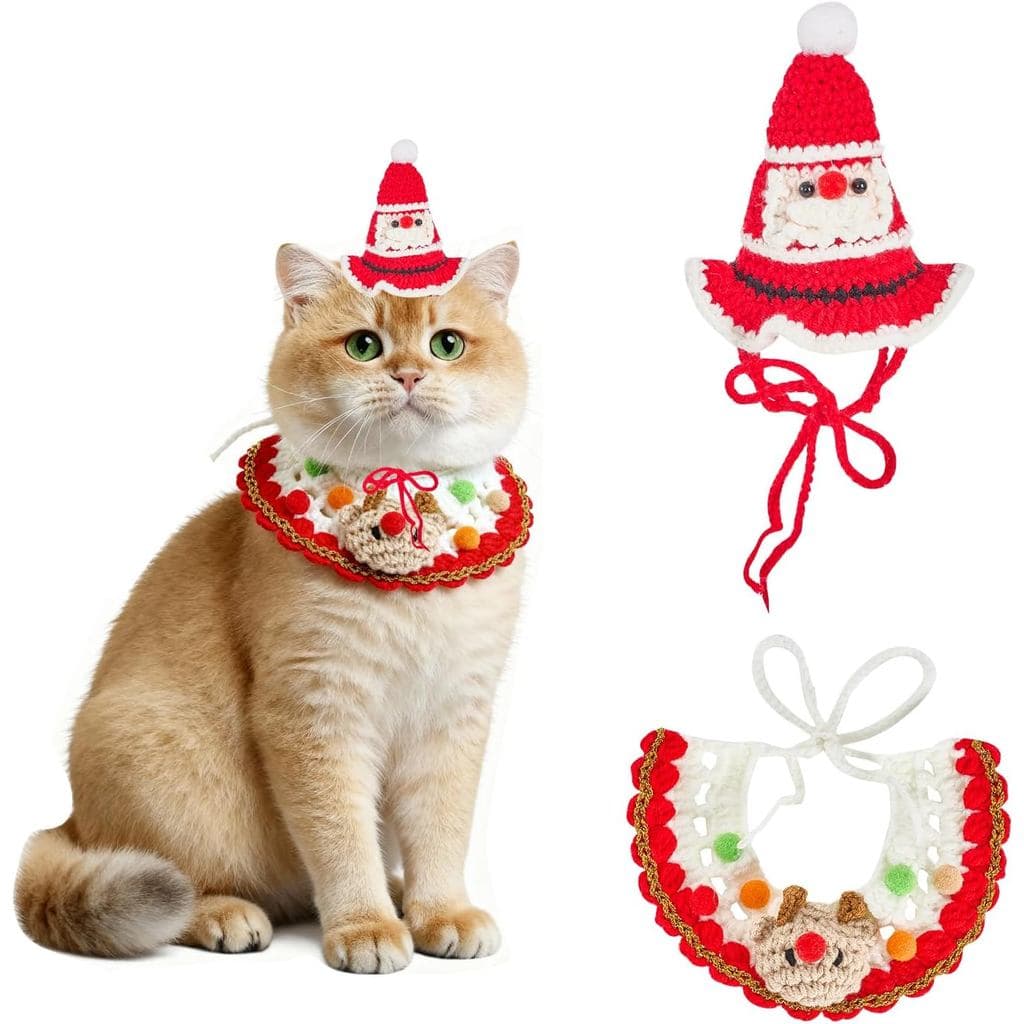 hoyuwak 2 PCS Christmas Cat Costume Set Handmade Knitted Pet Santa Hats Reindeer Collar Christmas Clothes for Cat Rabbit