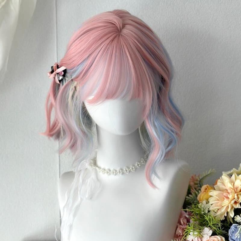 Peruca feminina rosa cabelo curto arco-íris cor misturada Lolita dopamina jk pendurado orelha tingida ondulação de água