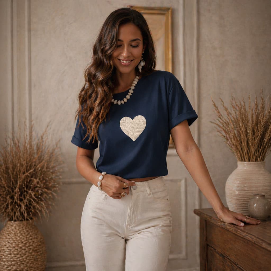 Camiseta Feminina Estampa Coração Orgânico Verão Aesthetic Boho Casual Algodão Confortável Blusa Estilosa Look Praia Dia