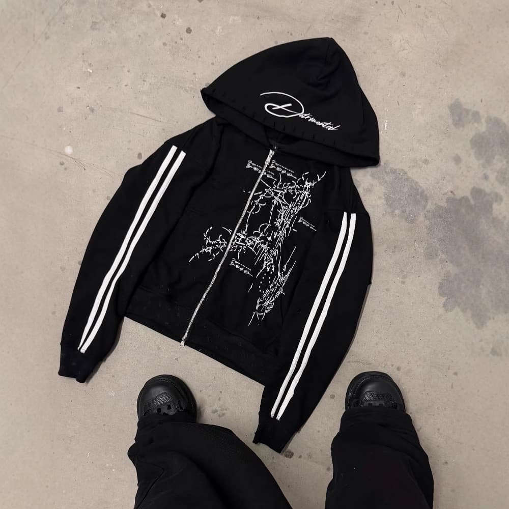 2025 Novo Moletom com Zíper Personalizado Estilo Europeu e Americano Y2K Gótico Sombrio Street Punk para Homens e Mulher