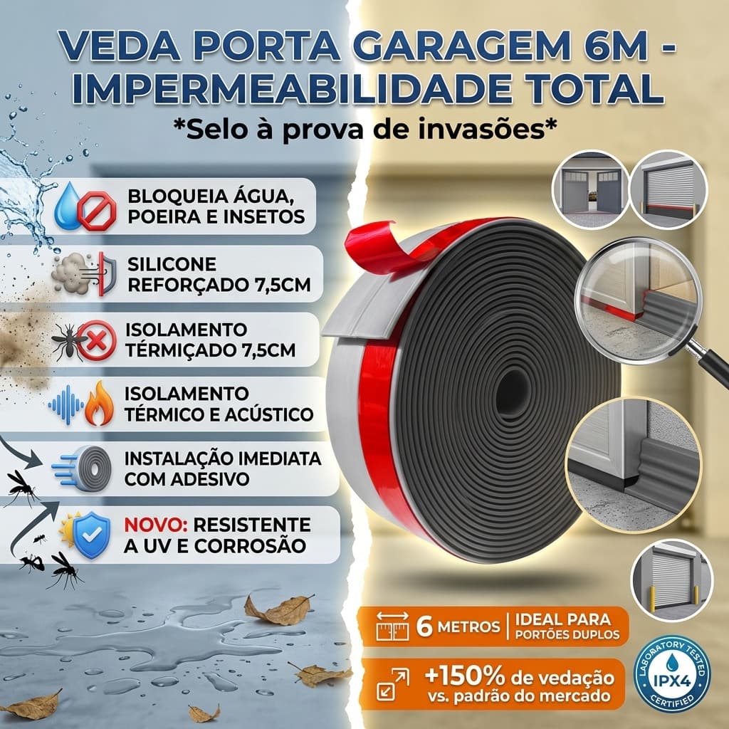 Borracha de Veda Porta Garagem 6/10 Metros (20ft) Silicone Reforçado: Vedação Inferior Contra Água - Veda Fresta