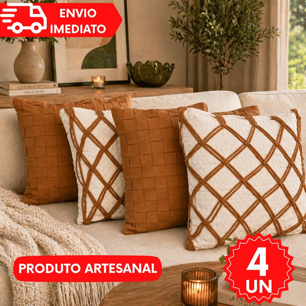 Kit de Capa Almofada Cordão Caramelo Macrame Artesanal Decorativa Algodão Estilo Rustico Carnaval