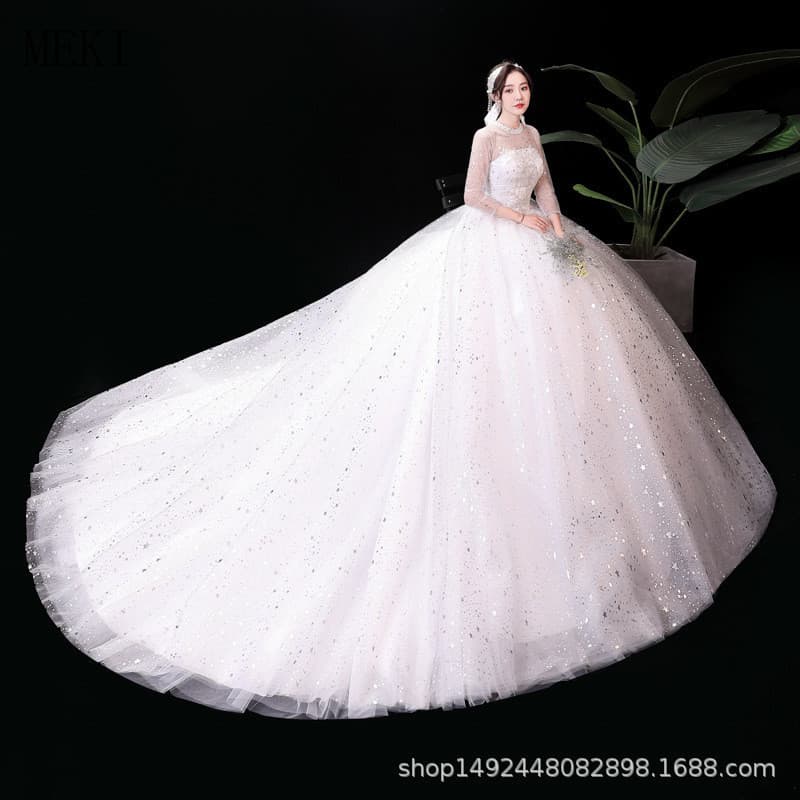 Vestido de noiva de manga comprida 2026, nova noiva com saia volumosa em unisono H642